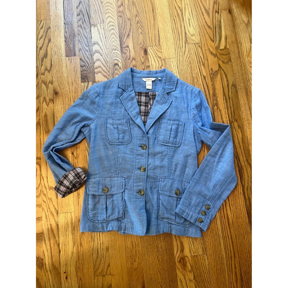 Sundance Womens Blue Cotton Chambray Utility Jacket Plaid Lined Small